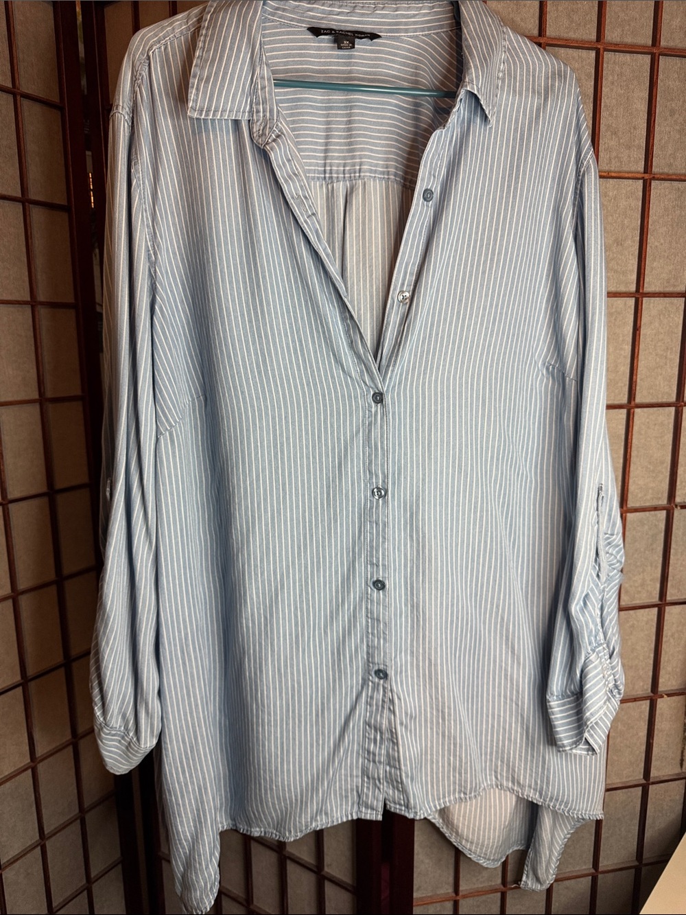 Light Blue & White Striped Button-Up Shirt with Roll-Tab Sleeves